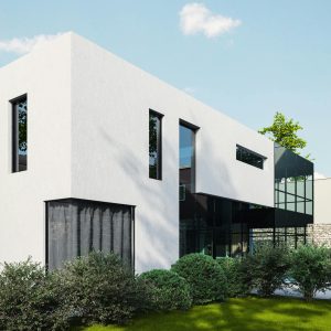 Contemporary architecture of a luxury villa with lush garden and daylight.