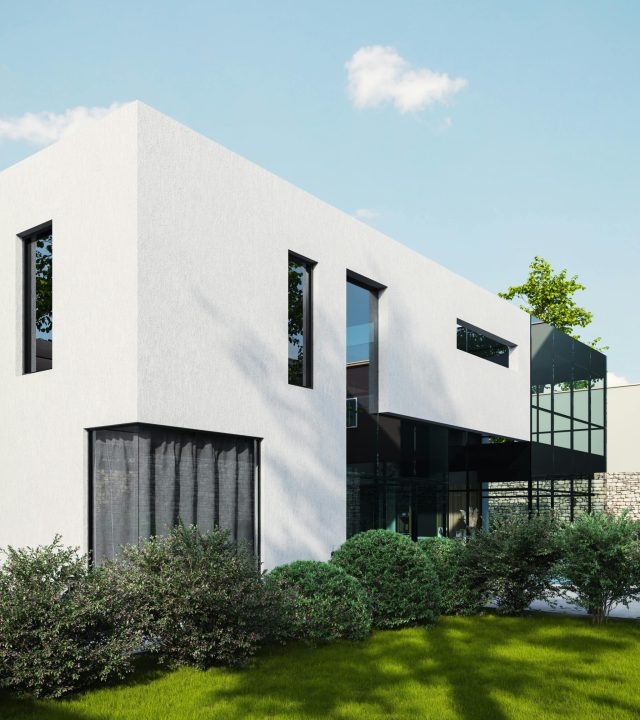 Contemporary architecture of a luxury villa with lush garden and daylight.